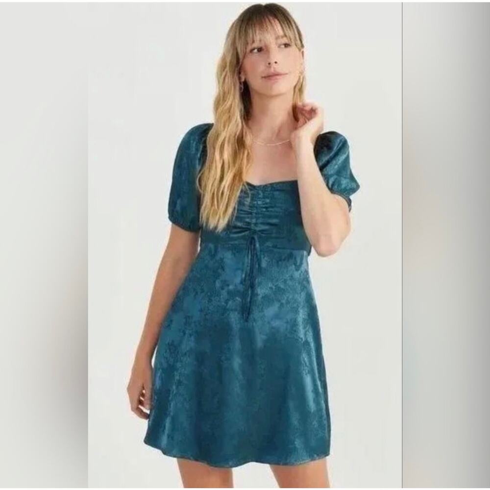 Altar’d State Dark Teal Satin Mini Dress Open Back Puff Sleeve NWT Size L
